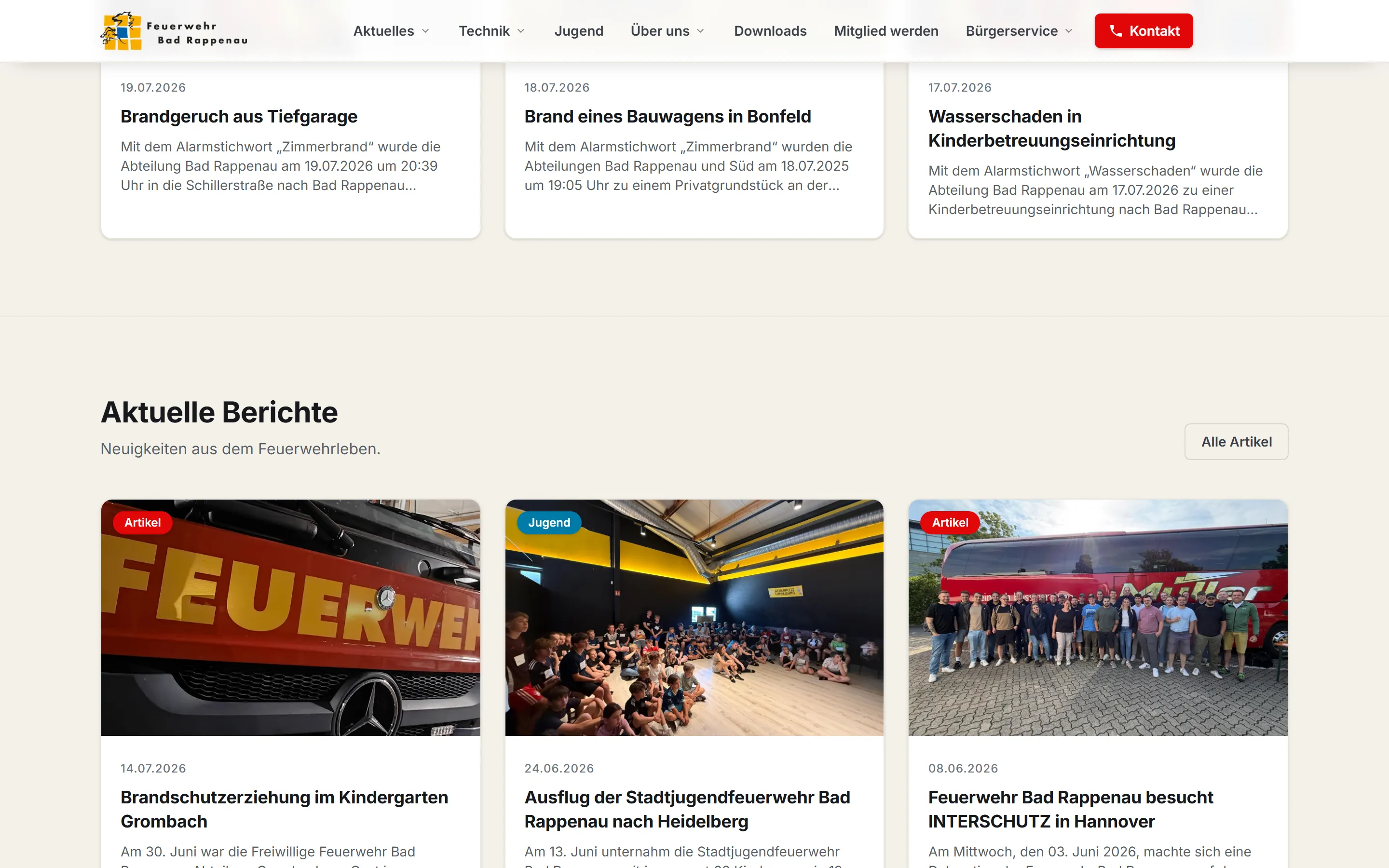 Statistik- und Inhaltsbereich der Feuerwehr-Website mit Einsatzzahlen