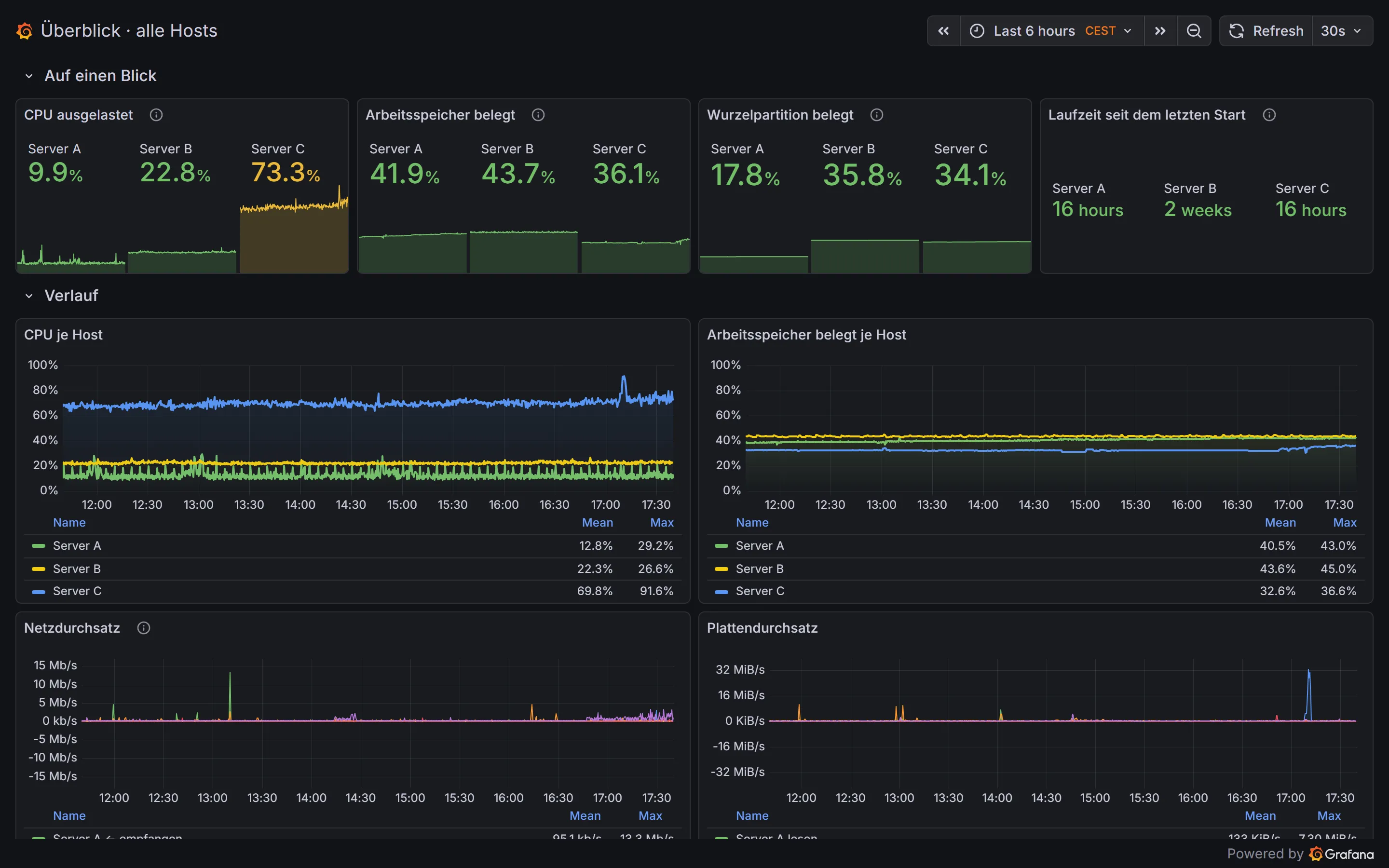 Monitoring-Ansicht: Auslastung von Prozessor, Arbeitsspeicher und Festplatte der drei Server über 24 Stunden